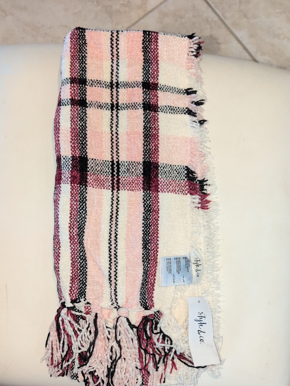 Style & Co. Pink, Black, White Plaid Fringe Wrap Scarf - NET